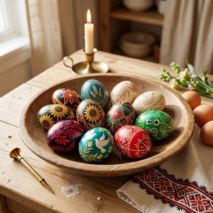 A wooden bowl of finished pysanky eggs in deep reds, teals, greens and golds on a kitchen table beside a lit candle and a brass kistka