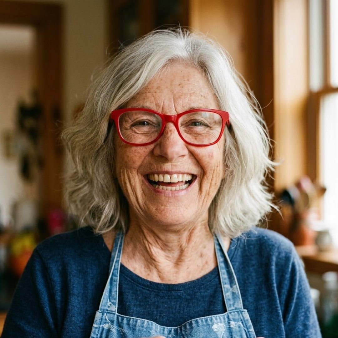 Marta B. laughing in her kitchen, wearing a denim apron and red glasses