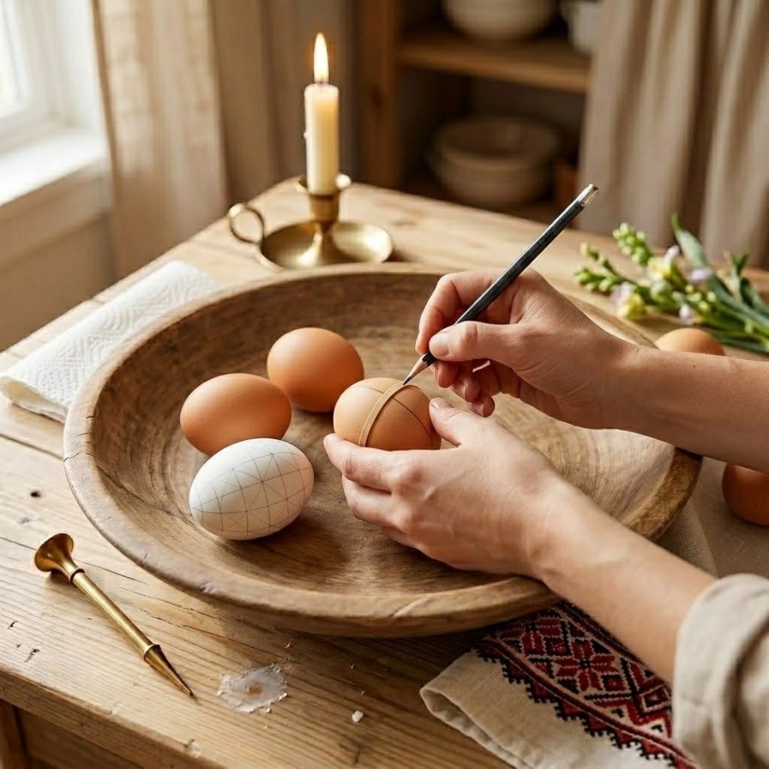 Module 2: hands penciling division lines onto an egg using a rubber band as a guide