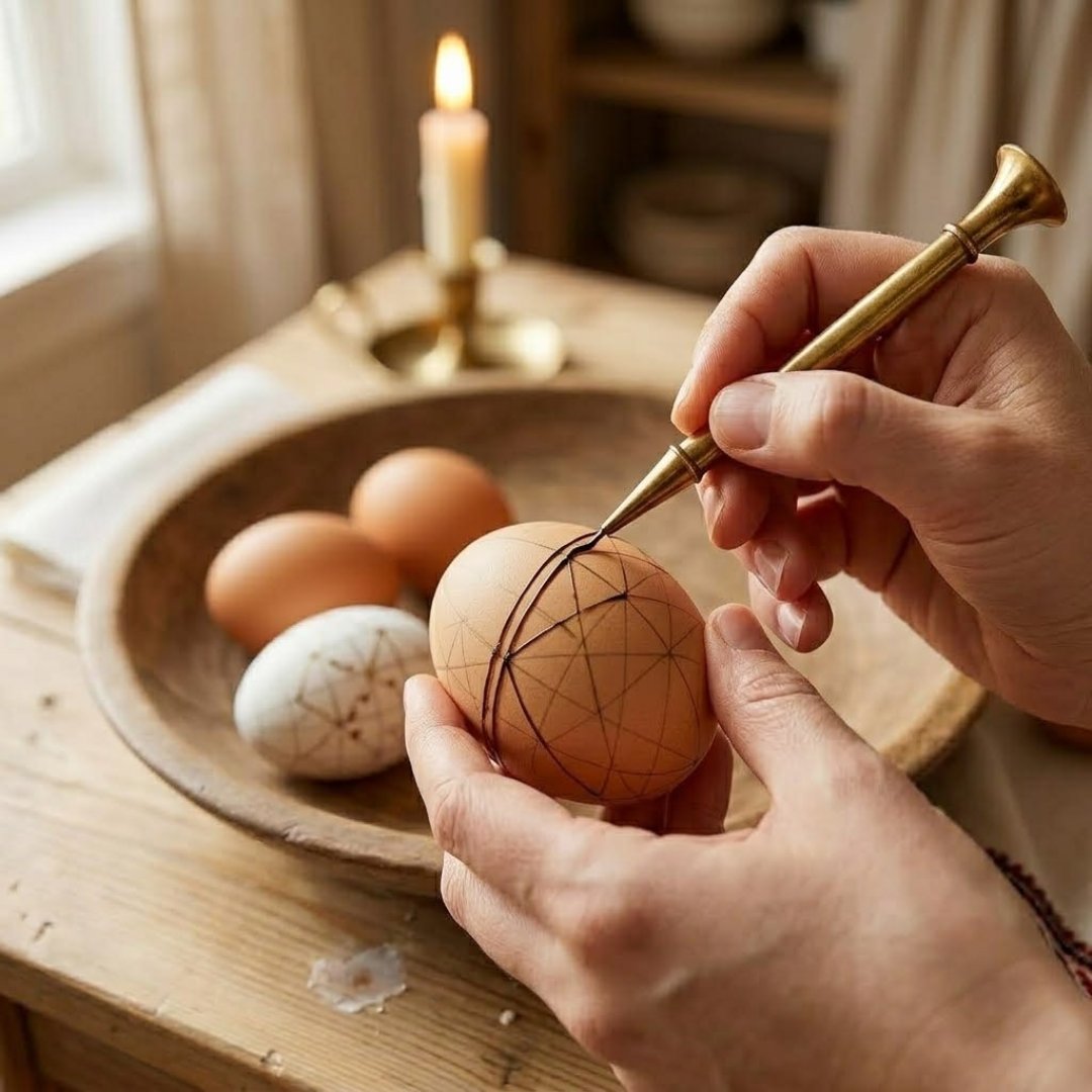 Module 3: a hand writing wax lines on a gridded egg with a brass kistka