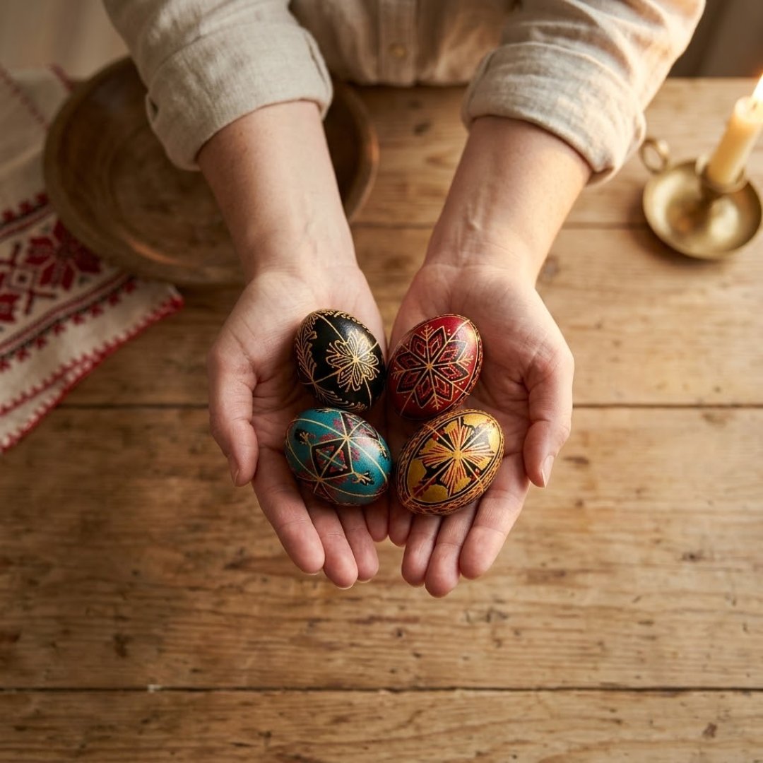 Module 5: two hands holding four finished pysanky in black, red, teal and gold