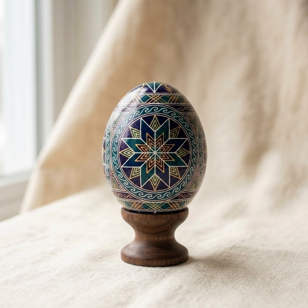 The same eight-pointed star pysanka design in midnight blue and teal
