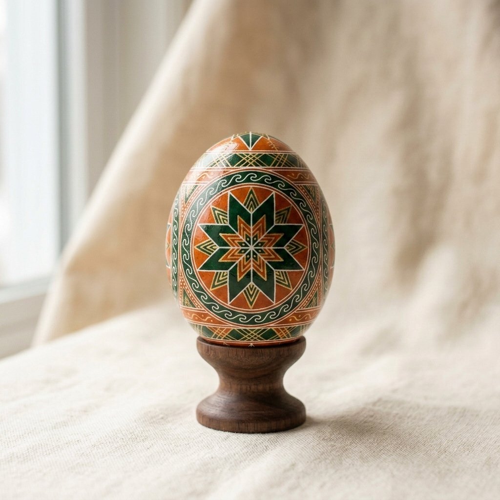 The same eight-pointed star pysanka design in spring green and orange