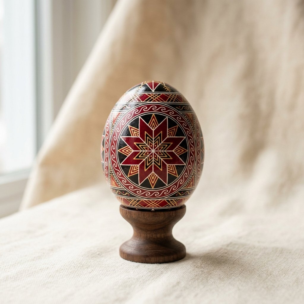 A pysanka with an eight-pointed star in traditional garnet red and black on a wooden stand